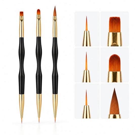 Qnail Professional Jel ve Nail Art Fırça Seti - 3lü Çift Taraflı Set
